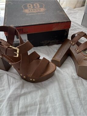 Route 66 Brown Strappy Platform Sandals with Gold Accents
